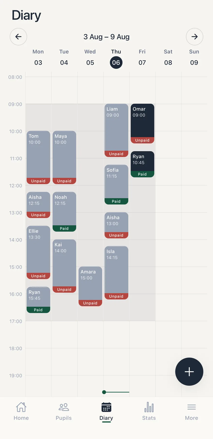 A week in the FirstDrive diary, each lesson marked paid or unpaid